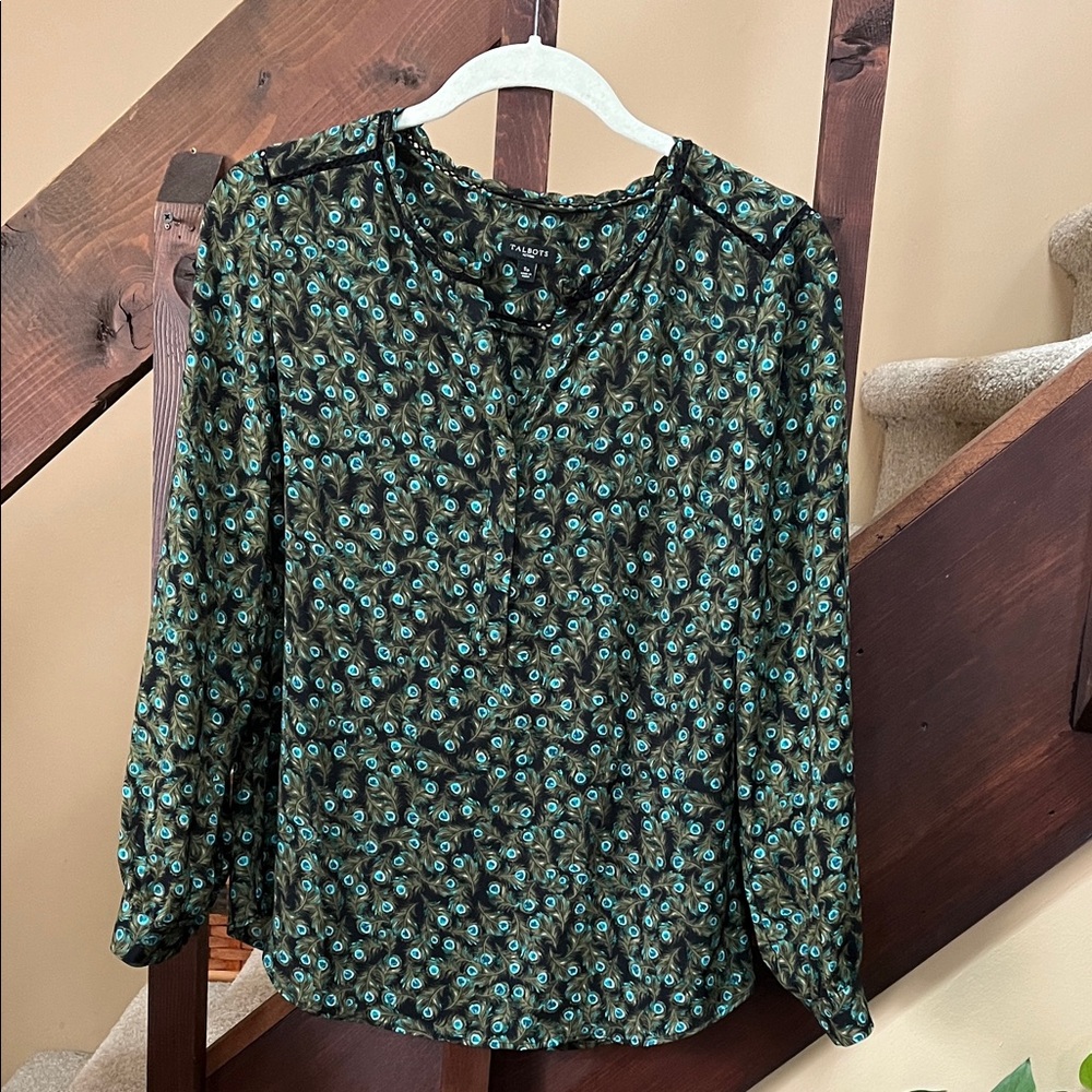 Talbots Green and Black Floral Blouse Size Sp
